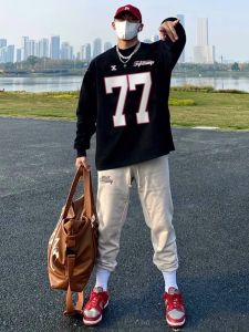 เสื้อยืดคอกลมแขนยาวผ้าฝ้ายแท้พิมพ์ลายตัวอักษรฮิปฮอปไซส์ใหญ่ 300 ปอนด์ สำหรับผู้ชาย ฤดูใบไม้ผลิและฤดูใบไม้ร่วง ทรงหลวม ใส่สบาย