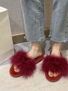 Red Wedding Shoes Womens Winter Bride Maids Slipper Korean Style Artificial Fur Flat Heel Daily Wear Casual Comfortable