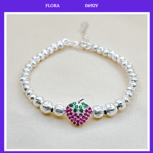 FLORA 0692V - Vòng tay bạc ta dây bi xoắn mix hình quả dâu tây dành cho bé gái
