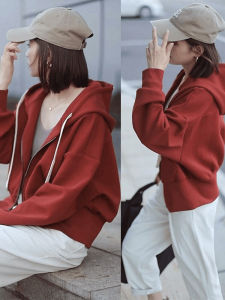 เสื้อแจ็คเก็ตมีฮู้ดแบบลำลองสำหรับผู้หญิง ทรงหลวม ปกติ ฤดูใบไม้ร่วง 2025 เสื้อสเวตเตอร์คอปกตัว Zips ผ้าฝ้ายอวกาศ