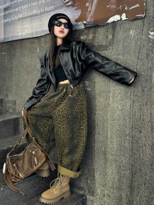 Cool Girls Short Leather Jacket And Leopard Print Pants Set Korean Style Autumn Fashion Childrens Casual Two-Piece Suit