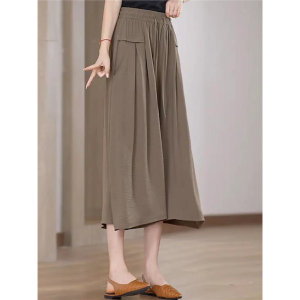 High-Waist Ice-Silk Womens Mid-Length Casual Pants Loose Fit Summer Style Slimming Seven-Point Hip-Length Trousers with Pocket