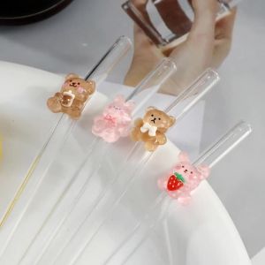 4/6PCS Cartoon Rabbit/bear Glass Straw Transparent Bendable Drinkware for Smoothie & Cocktail Reusable Party Supply.