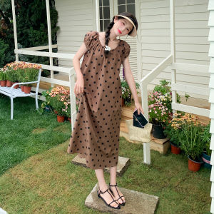 Cafe Brown Polka Dot Summer Dress Womens High Waist A-Line Skirt Long Sleeve round Neckline Cover up Sweet And Spicy
