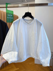 Elegant Pleated Long Sleeve round Neck Loose Doll Shirt Womens Summer Top Transparent White Korean Style Commute Cotton Blend