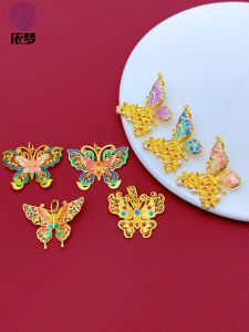 Handmade DIY Butterfly Pendant Necklace New Chinese Style Gold Enameled Color Florentine Glow Powder Gift for Girlfriend