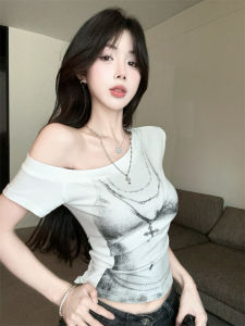 GUZILIAN | Summer Bikini Print Short Sleeve Slimming Design Trendy Shoulder Bared Top Womens Hot Girl Style Fashion Korean Commute Version