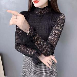 เสื้อเชิ้ตคอปกสูงบุขนแกะลูกไม้แฟชั่นฤดูใบไม้ร่วง/ฤดูหนาว เสื้อเชิ้ตแขนยาวผู้หญิง เสื้อเชิ้ตแขนยาวทรงหลวมสไตล์หวานๆ