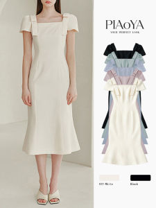 PIAOYA | Bow Decorated Slimming Square Neck Office Casual Summer Dress Short Sleeve