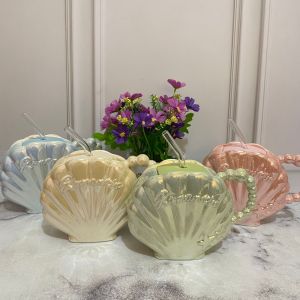 Gelas Keramik JJD703 Kerang + Free Straw - BIRU HIJAU KUNING PINK - tempat minum lucu unik gelas botol termos aestetik aesthetic authentic original trendy fashion warna warni awet plastik tahan lama souvenir hadiah