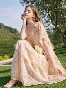 XIANGYING | Đầm Midi Voan In Hoa Nếp Gợn Sóng Pháp