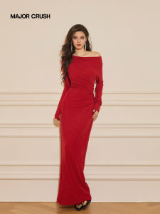 Retro French Cherry Red Swing Neck Slimming Party Dress