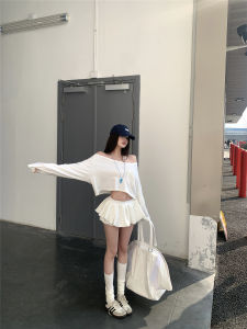 Casual Long Sleeve T-Shirt And Skirt Set Womens Fashion Spring Collection White Lace Trim Bunching Half-length Short Skirt