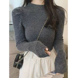 เสื้อสเวตเตอร์คอปกสูงครึ่งตัวสำหรับผู้หญิง ฤดูใบไม้ร่วง/ฤดูหนาว เสื้อชั้นใน แขนพอง ผ้ากำมะหยี่ แขนยาว ปกติ