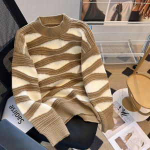 Thickened Half High Collar Striped Color Block Womens Sweater Autumn Winter Fashion Outerwear Comfortable Lazy Style Coat