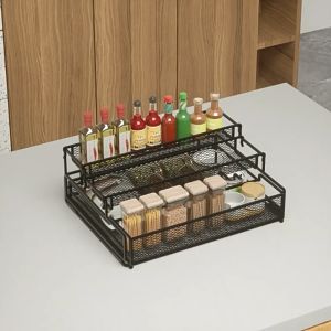 3 Tier Kitchen Organizer Spice Rack Expandable Tabletop Spice Rack Organizer Pull-out Drawer Countertop Seasoning Organizer Space Saving Multifunction Cabinet Organizer Holder for Home Living Room Kitchen Bar Office Bedroom