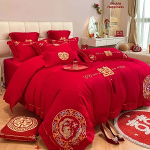 Wedding Bedding Set Red Embroidered Dragon and Phoenix