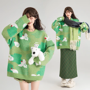 KEIKO | Áo Sweater Len Mùa Đông Kiểu Lười Họa Tiết Hoa Jacquard Xanh