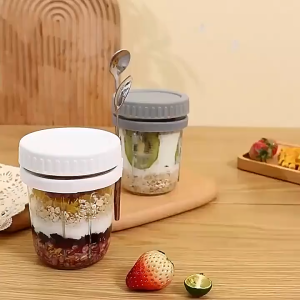 350ml Glass Overnight Oat Jar with Airtight Lid and Spoon Portable Breakfast Container for Yogurt Cereal Bekas Kaca Sarapan