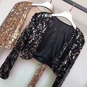 SIDAIMI Women Coat Shining Sequined Long Sleeve Cropped Length Open Front Bolero Shrug Sequin Cardigan Short Jacket