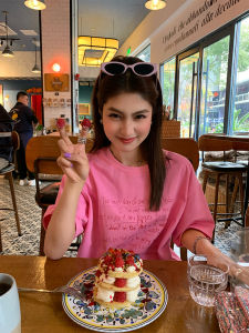 Pink Floral Print Loose Short Sleeve T-Shirt Womens Summer Casual Design Half Sleeve Cotton Polyester Blend round Neck Top