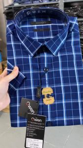 OWEN SALE - Áo Sơ Mi Owen Tay Ngắn Màu Xanh Navy - Trắng Họa Tiết Caro Form Body Lai Ngang Chính Hãng