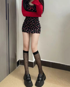 Polka Dot Calf Socks Womens Summer Black Mid-Calf Length Stockings Slim Looking White Silk Thin Japanese Style JK Pure Desire Half Leg Black Silk Stockings