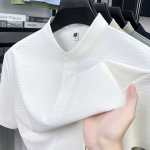 Ice Silk Stand Collar Short Sleeve T-Shirt Mens 2025 New Summer Quick Dry Cool Comfortable Half Sleeve Body Shirt