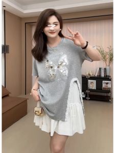 plus Size Womens round Neck T-Shirt Glitter Butterfly Summer Slimming Sweet And Spicy Top Korean Style Printed Casual Tee