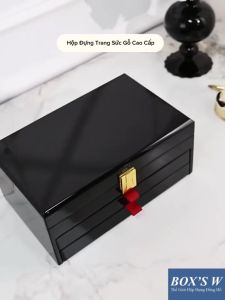 Hộp Đựng Trang Sức Vàng Nữ Trang Phụ Kiện 3 Tầng Gỗ Đen Bóng Có Gương Soi - Hộp Trang Sức Có Treo Dây Chuyền - TC3TD