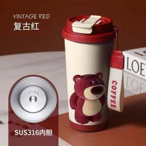 Portable Outdoor Straw Coffee Cup Womens New Style Strawberry Bear Insulated Stainless Steel Water Bottle Cute Cartoon Design