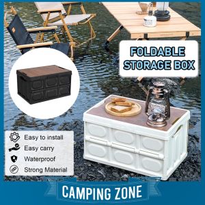 55L Large Camping Box Foldable Storage Box Camping Outdoor Waterproof Container Home Car Storage Wooden Lid Kotak Penyimpan Lipat Penutup Kayu