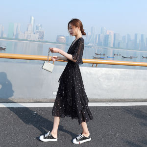 Black Polka Dot Floral Print Chiffon Dress Womens Summer 2025 Slimming A-Line Cake Skirt Korean Style Commute Print Splicing Resin Dyeing Lace Hem mid Waist Polyester Fiber Short Sleeve Midi Dress V-neck A-line Skirt