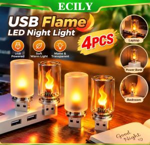 ECILY\ud83d\udd254pcs\ud83d\udd25 USB Flame LED Night Light 5V Simulated Fire Effect Glass Candle Lamp For Car Interior Home Bedroom Decoration Atmosphere Lighting
