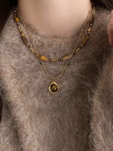 Fall Winter Beaded Tiger Eye Stone Pendant Necklace Womens Vintage Style Sweater Chain Luxury Feelings Accessories Jewelry