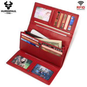 Genuine Leather Wallets Women Long Hasp Rfid Card Holder Ladies Red Coin Purse With Cellphone Pocket Portfel Damski
