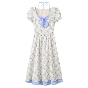 Rustic Summer Blue Short Sleeve Flower Print Dress