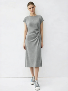 AMII | Round Neck Sleeve Joint Rhinestone Decorated Gathering Dress
