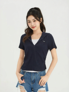 SANFU | Unique Letter Metal Label Fitted Illusion Layered Womens Short T-Shirt