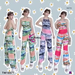 P18577 Set 2 ชิ้น เสื้อสายเดี่ยวคล้องคอ โบว์หลัง + กางเกงขากระบอก พมพืลายมัดย้อม