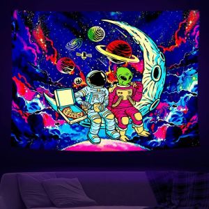 VIKAMA Neon Phi Hành Gia Người Ngoài Hành Tinh Pizza Tapestry - Trăng Lưỡi Liềm Vũ Trụ Galaxy Treo Tường UV Blacklight Phòng Ngủ Ký Túc Xá Nghệ Thuật Trang Trí Polyester