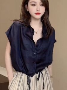 Slimming Short Sleeve Shirt Womens Loose Fit Drawstring Design Thin Summer Fashion Young Looking Pure Color Polo Collar Shirt