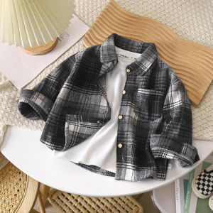 Long Sleeve Plaid Retro Patchwork Open Collar Shirt for Boys and Girls