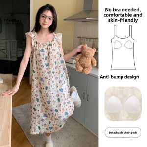 Sweet Princess Style Sleep Dress with Chest Pad Loose Fit Cotton Weave Summer Home Clothes Womens mid Length Sleeveless Gown