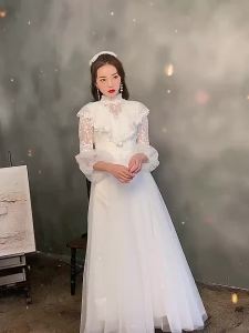 DINNER DRESS White Lace Womens High Luxury Evening Gowns Long Sleeve Long Dresses 女士白色蕾丝气质晚宴晚礼服