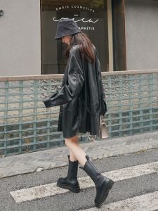 Black Leather Biker Jacket Womens Spring Autumn Medium Length Stylish Retro Street Fashion Small Size Cool Motorcycle Clothes