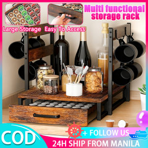 Wood Coffee Machine Rack Organizer With Drawers Desktop Coffee Capsule Storage Rack Multi-Functional Coffee Station Organizer With 8 Hooks Large Capacity Storage Tea Bags Milk Cups Kitchen Organizer With Anti Slip Feet For Kitchen Office Bar Household