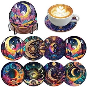 Bộ 8 Miếng Lót Ly Hình Mặt Trăng Đính Đá Kèm Giá Đỡ Đá Pha Lê Lấp Lánh Chịu Nhiệt Bộ Dụng Cụ Làm Tranh Khảm Tự Làm
