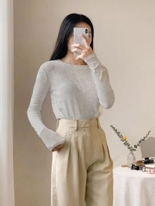 เสื้อยืดคอกลมแขนยาวทรงสลิมฟิตผ้าฝ้ายแท้สำหรับผู้หญิง เสื้อชั้นในฤดูใบไม้ร่วง/ฤดูหนาว ทรงเข้ารูป ทรงเข้ารูป เสื้อผ้าทำงาน