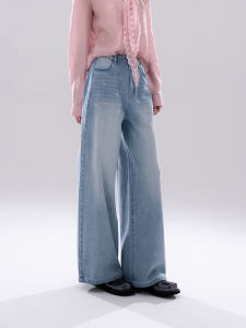 COTRE Star Track Light Blue Rhinestone Wide Leg Jeans High Waist Straight Leg Blue Denim Pants for Women Spring Summer